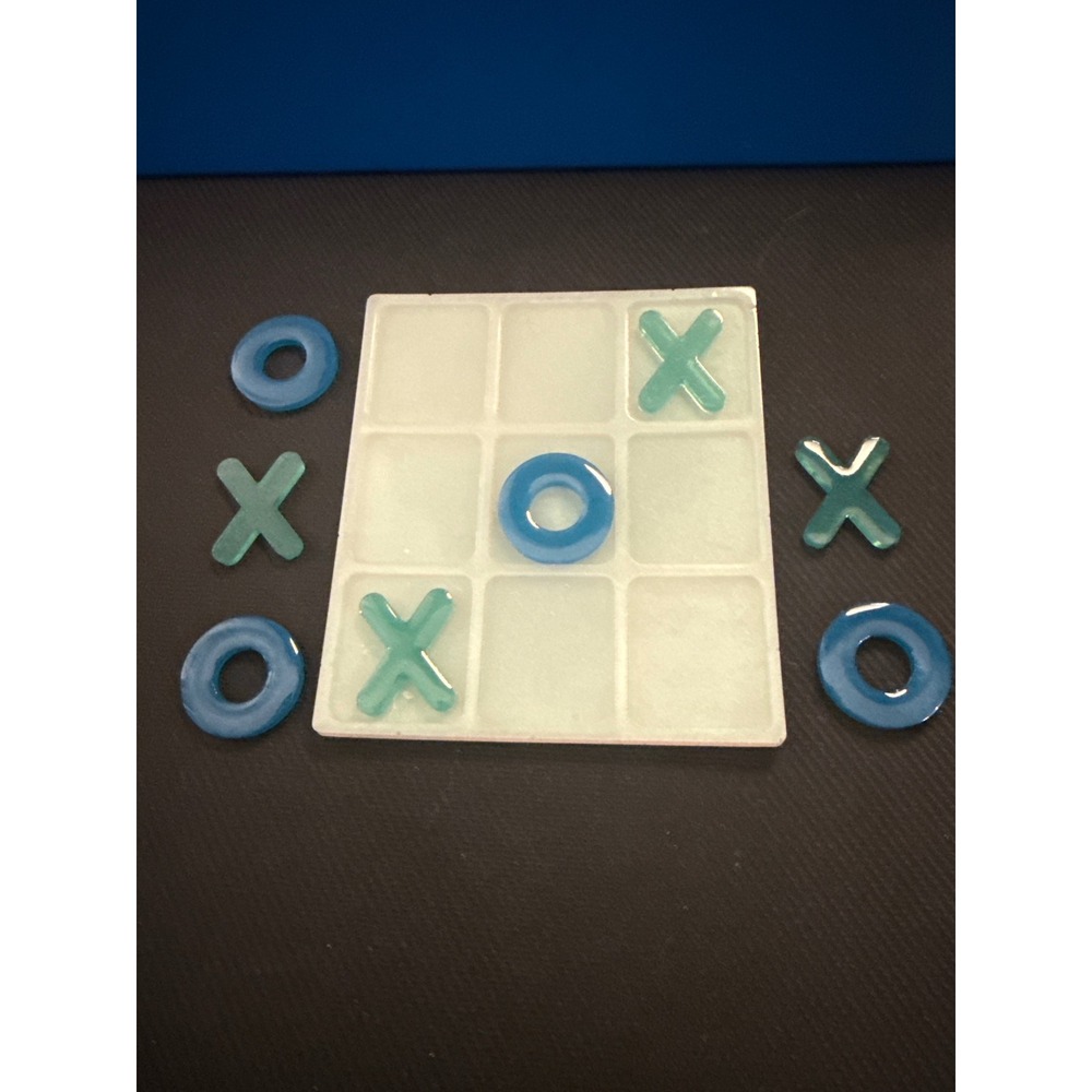 Handmade Resin Tic-Tac-Toe Board Game Set Blue Teal White Tabletop Decor